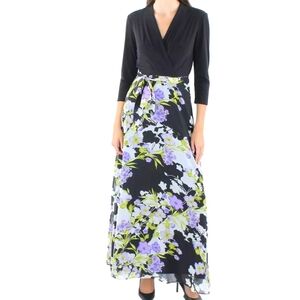 R&K maxi dress floral chiffon a-line size 6, black elegant, stretch.